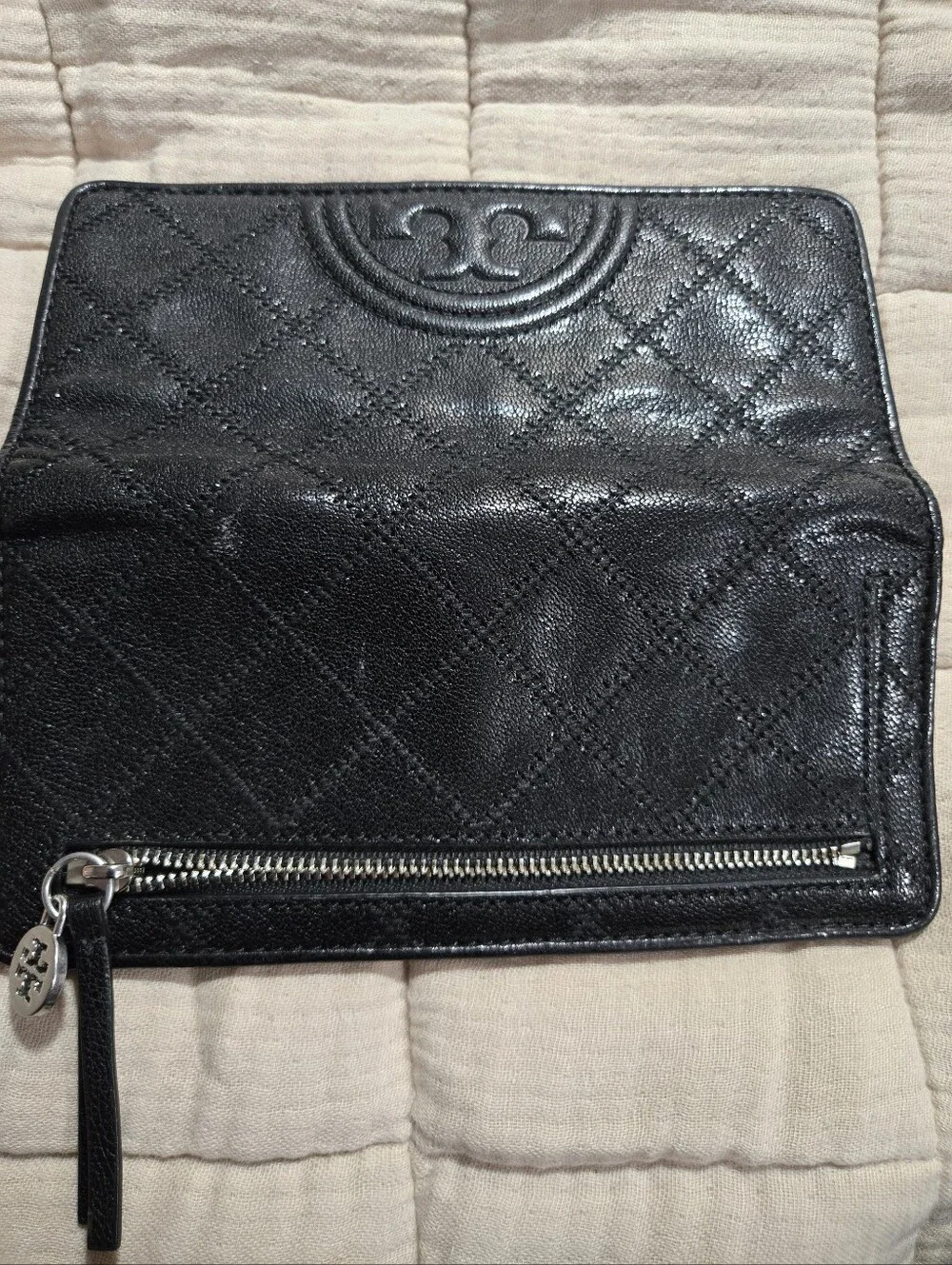 Tory Burch Black Quilted Logo Zip Wallet